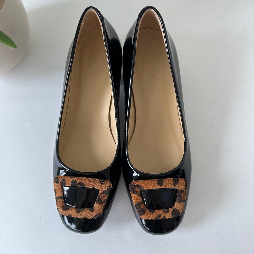 Girotti Black Patent Leopard Buckle‎ Classic Block Heel Pumps Shoe EU 39 US 8 - Picture 3 of 11